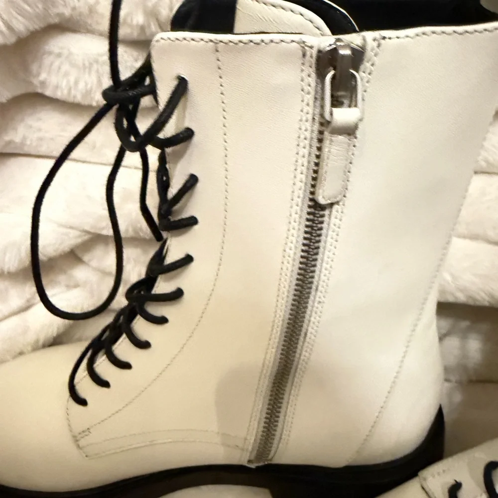 Tory Burch White Leather Lace-Up Combat Boot with Black Laces